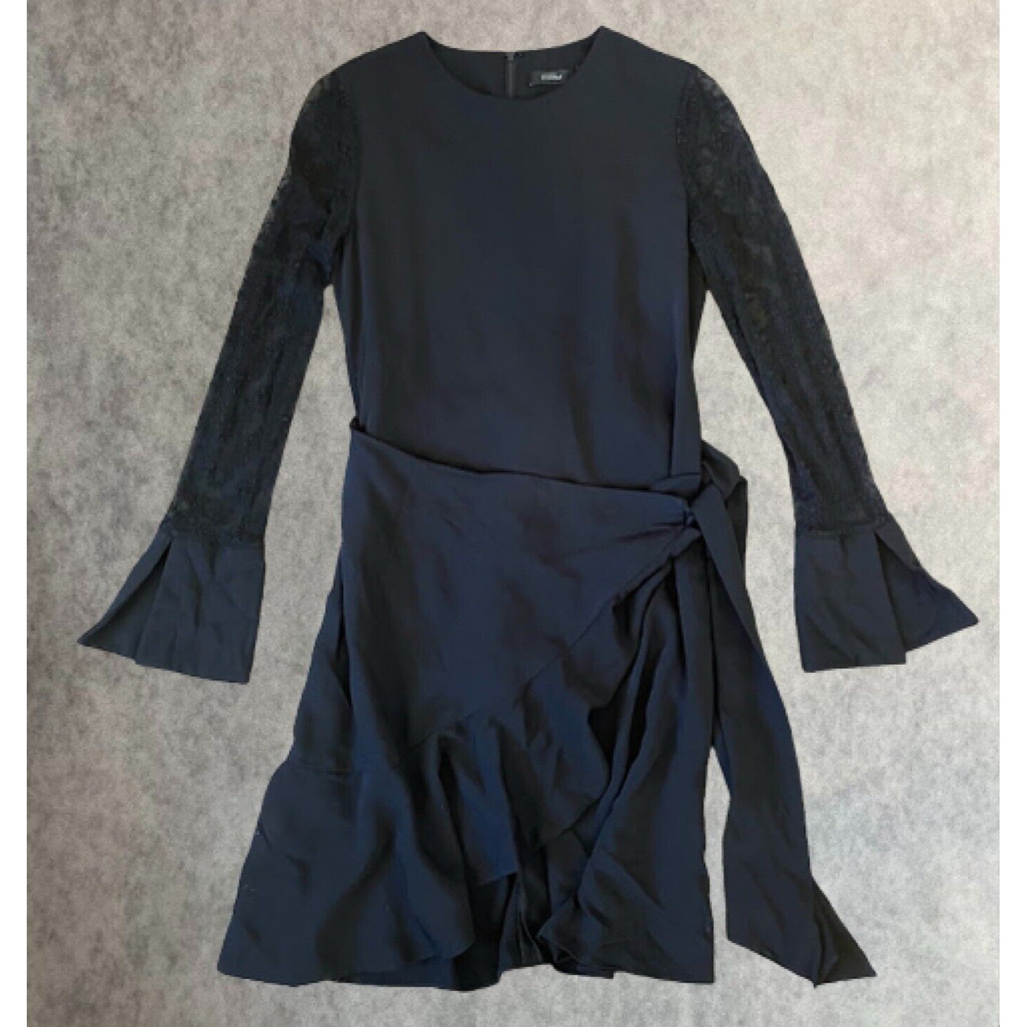 Goen.J Black Dress Womens 8 Knee Length A Line Long Lace Sleeves Retailed $636